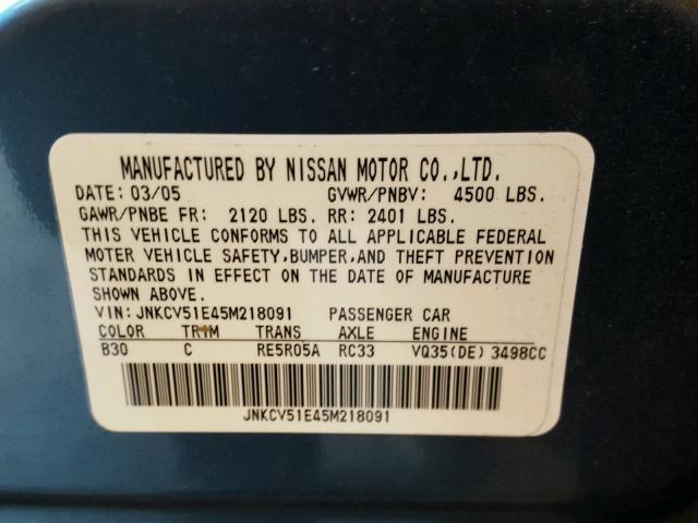 JNKCV51E45M218091 - 2005 INFINITI G35 BLUE photo 10