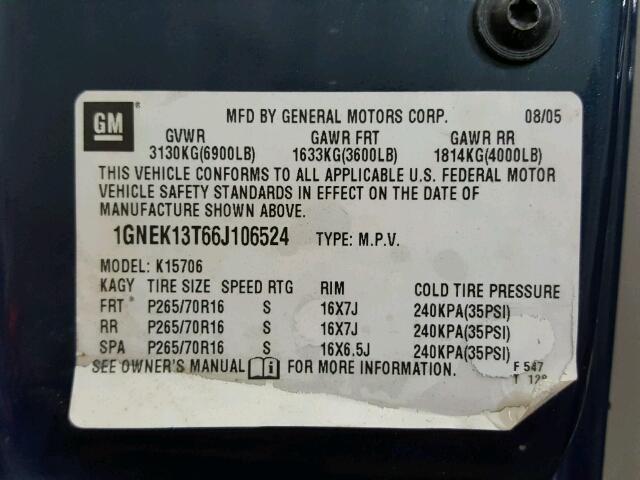 1GNEK13T66J106524 - 2006 CHEVROLET TAHOE K150 PURPLE photo 10