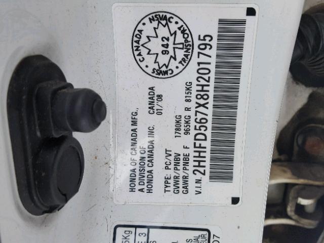 2HHFD567X8H201795 - 2008 ACURA CSX TECHNO WHITE photo 10