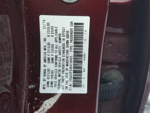 1HGCR2F53EA136952 - 2014 HONDA ACCORD SPO PURPLE photo 10