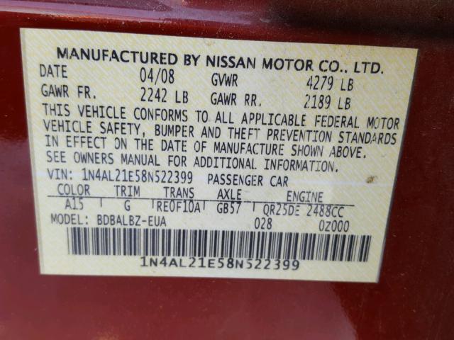 1N4AL21E58N522399 - 2008 NISSAN ALTIMA 2.5 RED photo 10