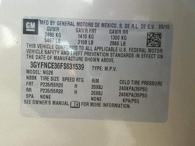 3GYFNCE36FS631539 - 2015 CADILLAC SRX PERFOR 米色 照片 10