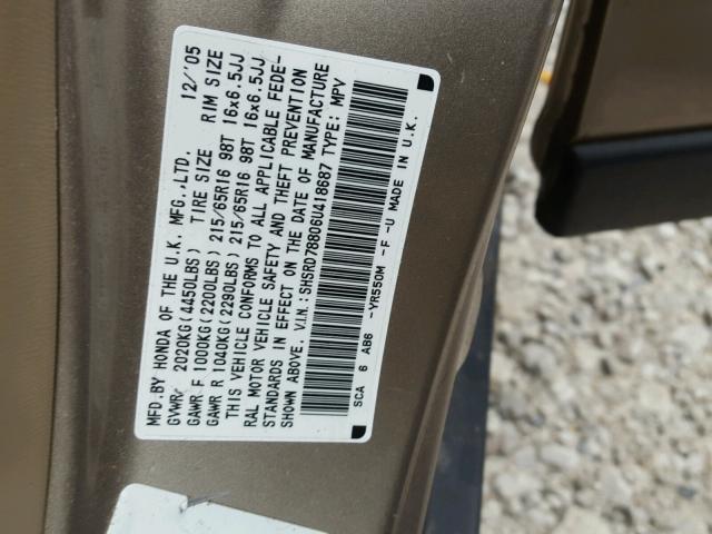 SHSRD78806U418687 - 2006 HONDA CR-V EX BEIGE photo 10