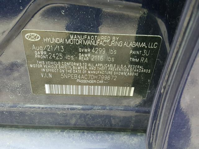 5NPEB4AC7DH799672 - 2013 HYUNDAI SONATA GLS BLUE photo 10