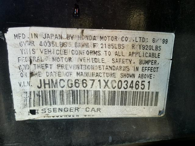 JHMCG6671XC034651 - 1999 HONDA ACCORD EX GRAY photo 10