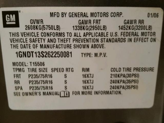 1GNDT13S262250081 - 2006 CHEVROLET TRAILBLAZE GRAY photo 10