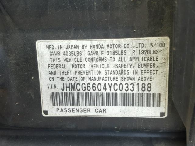 JHMCG6604YC033188 - 2000 HONDA ACCORD EX BLACK photo 10