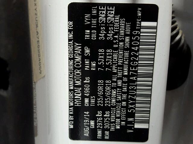 5XYZU3LA7EG224059 - 2014 HYUNDAI SANTA FE S 白色 照片 10