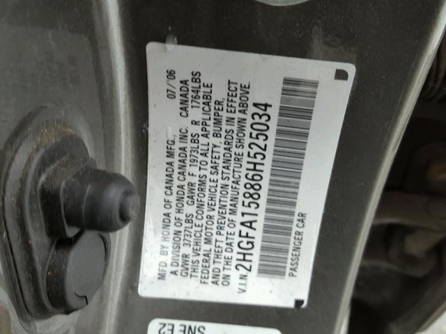 2HGFA15886H525034 - 2006 HONDA CIVIC EX ნაცრისფერი ფოტო 10