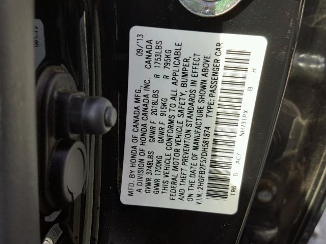 2HGFB2F57DH581874 - 2013 HONDA CIVIC LX BLACK photo 10