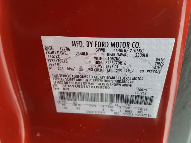 1FMYU93187KB98580 - 2007 FORD ESCAPE XLT RED photo 10