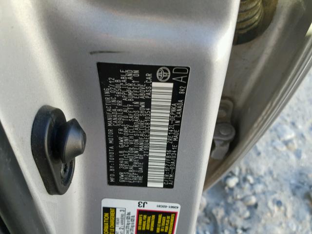 2T1BU4EE3CC810354 - 2012 TOYOTA COROLLA BA GRAY photo 10