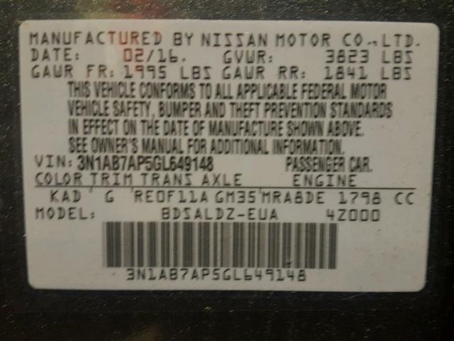 3N1AB7AP5GL649148 - 2016 NISSAN SENTRA S GRAY photo 10