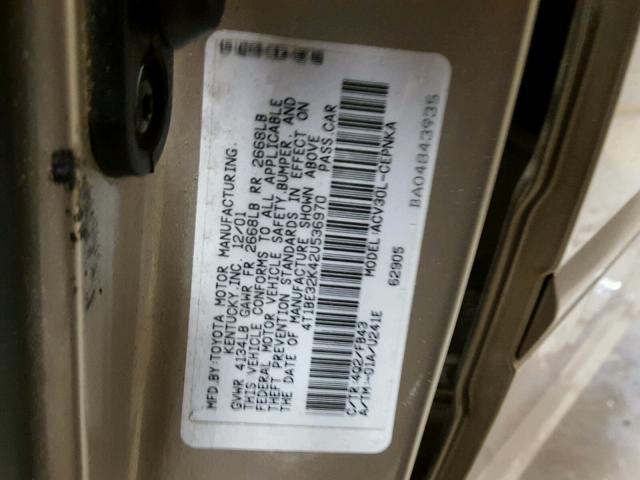 4T1BE32K42U536970 - 2002 TOYOTA CAMRY LE TAN photo 10