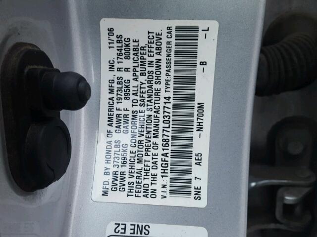 1HGFA16877L037714 - 2007 HONDA CIVIC EX SILVER photo 10