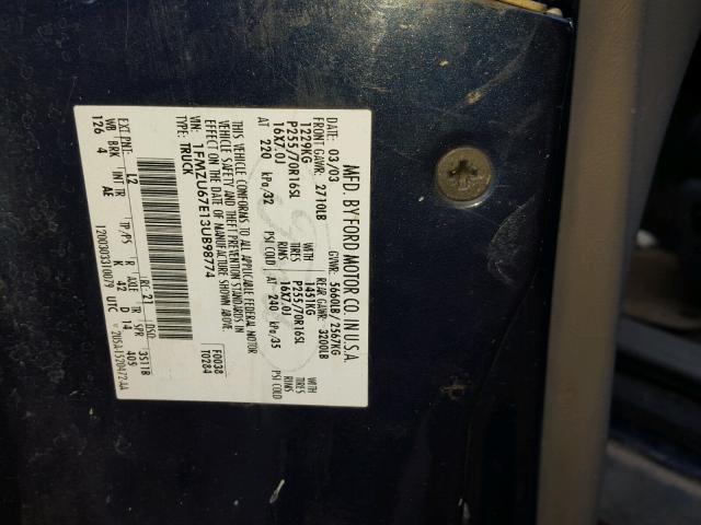 1FMZU67E13UB98774 - 2003 FORD EXPLORER S BLUE photo 10