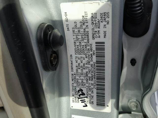 JTEZU14R840030942 - 2004 TOYOTA 4RUNNER SR SILVER photo 10