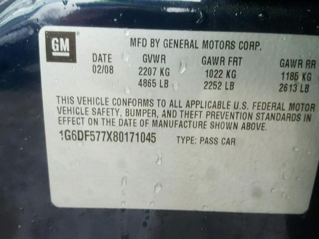 1G6DF577X80171045 - 2008 CADILLAC CTS BLUE photo 10