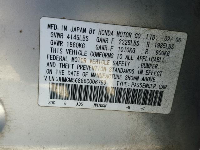 JHMCM56886C006789 - 2006 HONDA ACCORD EX SILVER photo 10