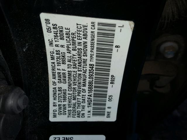 1HGFA16888L093548 - 2008 HONDA CIVIC EX შავი ფოტო 10