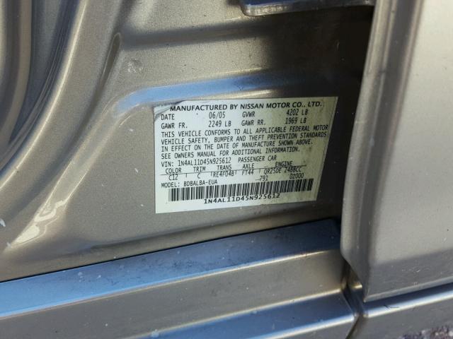 1N4AL11D45N925612 - 2005 NISSAN ALTIMA S GOLD photo 10