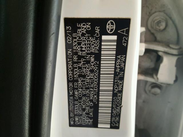 JTDKTUD39DD562912 - 2013 TOYOTA YARIS WHITE photo 10