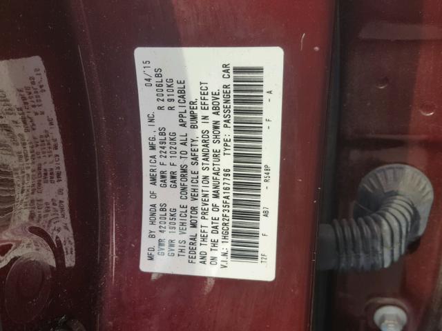 1HGCR2F35FA167796 - 2015 HONDA ACCORD LX MAROON photo 10