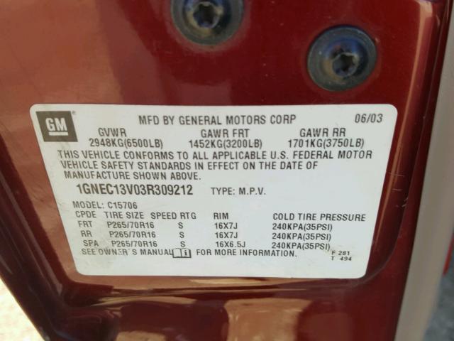 1GNEC13V03R309212 - 2003 CHEVROLET TAHOE C150 RED photo 10