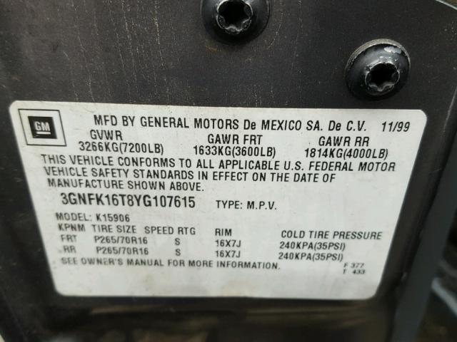 3GNFK16T8YG107615 - 2000 CHEVROLET SUBURBAN K GRAY photo 10