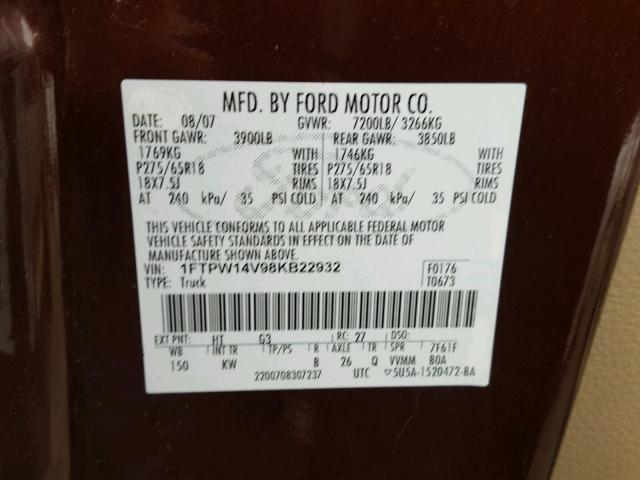 1FTPW14V98KB22932 - 2008 FORD F150 SUPER BROWN photo 10