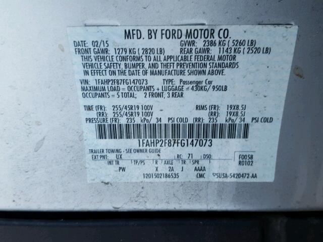 1FAHP2F87FG147073 - 2015 FORD TAURUS LIM SILVER photo 10