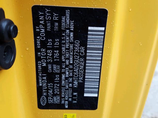 KMHTC6AD2GU273660 - 2016 HYUNDAI VELOSTER B YELLOW photo 10