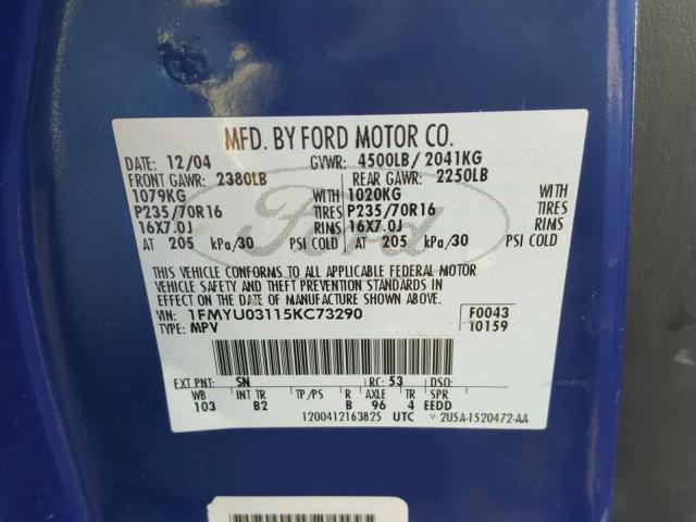 1FMYU03115KC73290 - 2005 FORD ESCAPE XLT BLUE photo 10