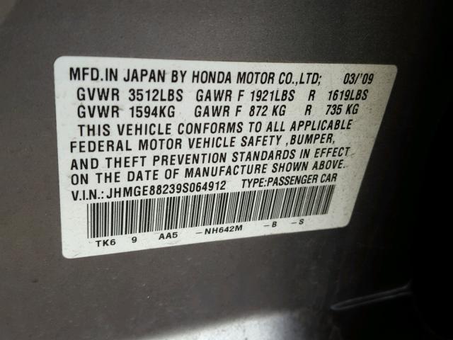 JHMGE88239S064912 - 2009 HONDA FIT Srebrny zdjęcie 10