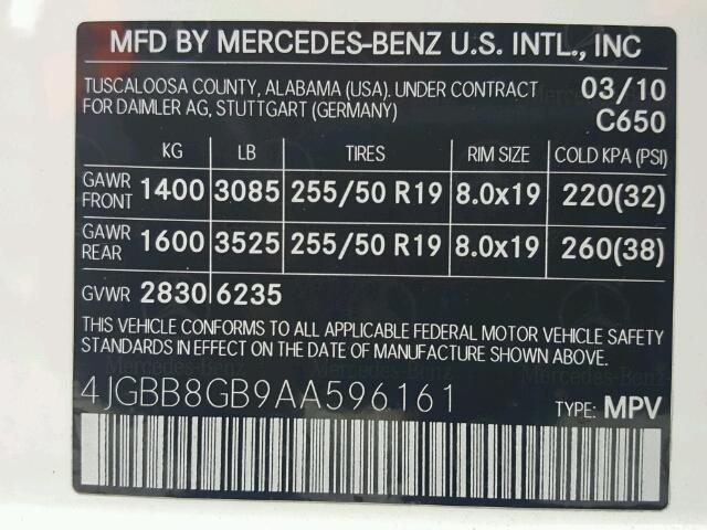 4JGBB8GB9AA596161 - 2010 MERCEDES-BENZ ML 350 4MA WHITE photo 10