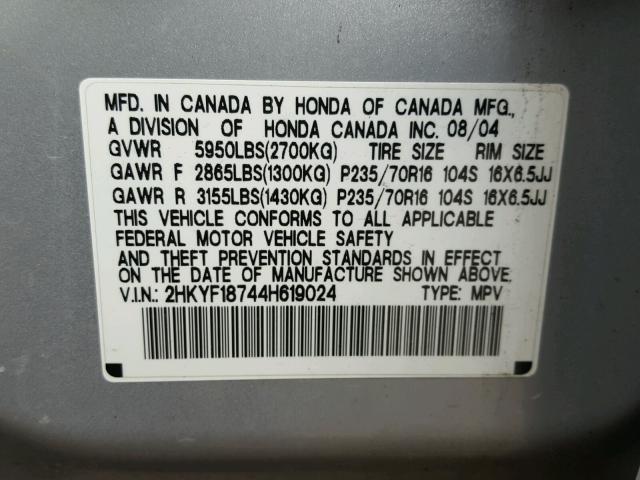 2HKYF18744H619024 - 2004 HONDA PILOT EXL SILVER photo 10