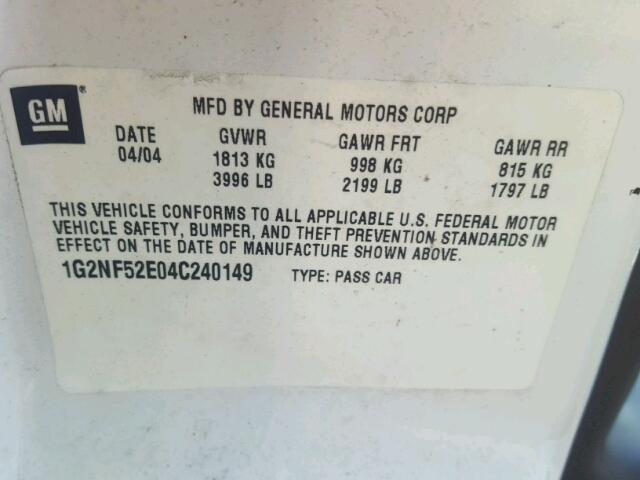 1G2NF52E04C240149 - 2004 PONTIAC GRAND AM S WHITE photo 10