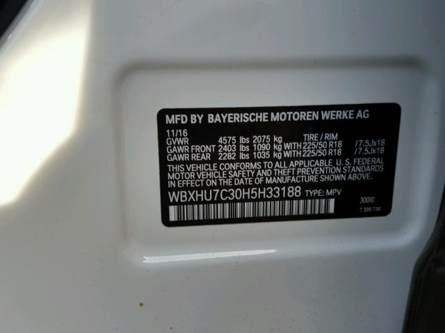 WBXHU7C30H5H33188 - 2017 BMW X1 SDRIVE2 WHITE photo 10