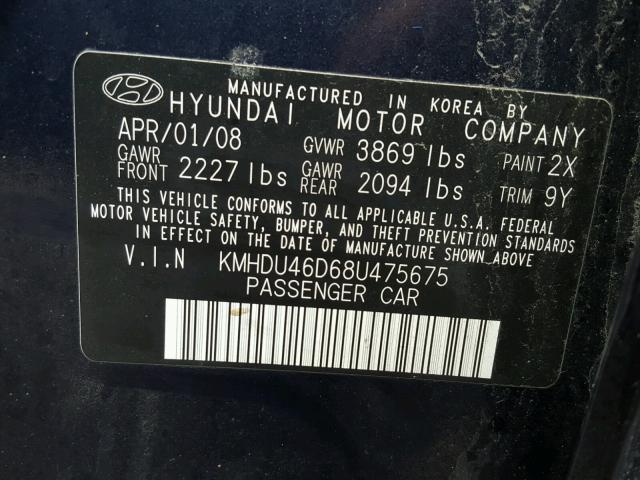 KMHDU46D68U475675 - 2008 HYUNDAI ELANTRA GL BLUE photo 10