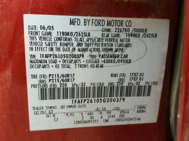 1FAFP26105G200379 - 2005 FORD FIVE HUNDR RED photo 10