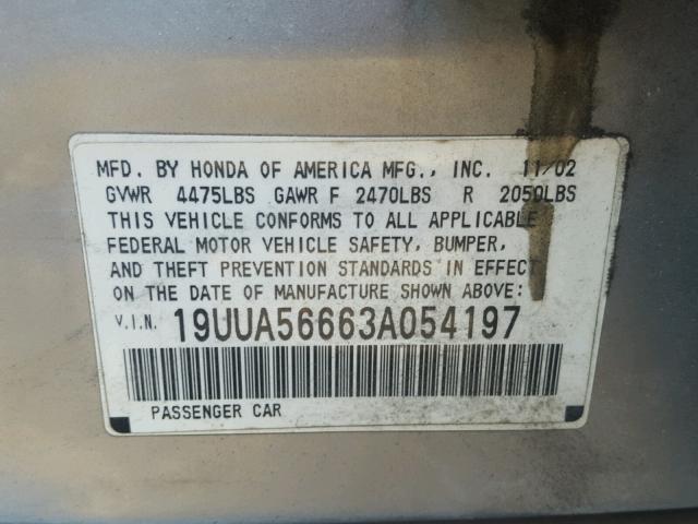 19UUA56663A054197 - 2003 ACURA 3.2TL SILVER photo 10