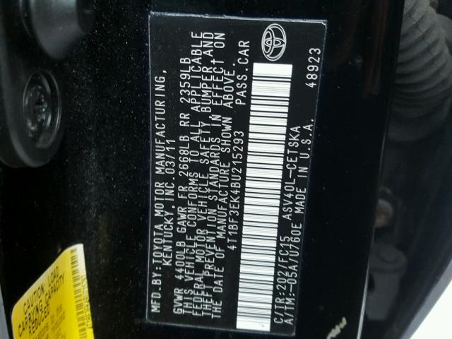 4T1BF3EK4BU215293 - 2011 TOYOTA CAMRY BASE BLACK photo 10