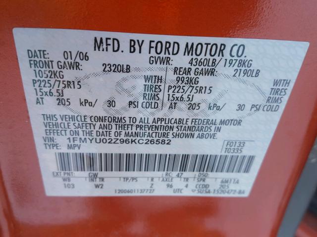 1FMYU02Z96KC26582 - 2006 FORD ESCAPE XLS ORANGE photo 10