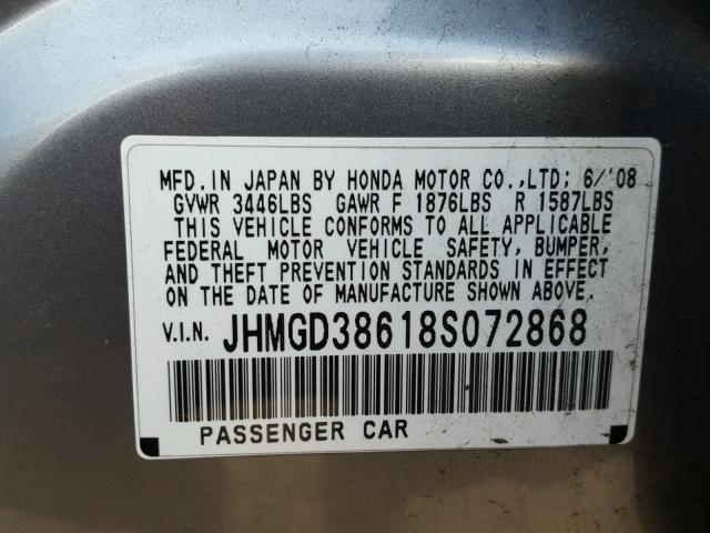 JHMGD38618S072868 - 2008 HONDA FIT SPORT GRAY photo 10