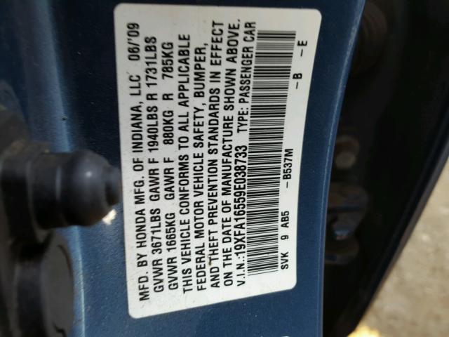 19XFA16559E038733 - 2009 HONDA CIVIC LX BLUE photo 10