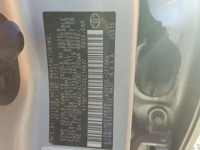 4T1BF1FK5DU214627 - 2013 TOYOTA CAMRY L SILVER photo 10