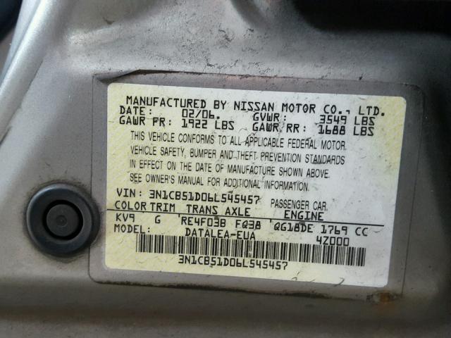 3N1CB51D06L545457 - 2006 NISSAN SENTRA 1.8 SILVER photo 10