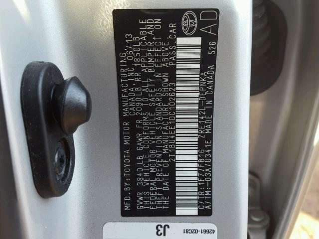 2T1BU4EE1DC102623 - 2013 TOYOTA COROLLA BA SILVER photo 10