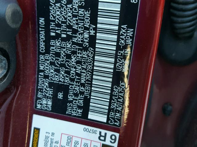 JTEBT17R978039459 - 2007 TOYOTA 4RUNNER LI RED photo 10