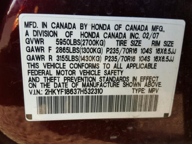 2HKYF18637H532310 - 2007 HONDA PILOT EXL MAROON photo 10